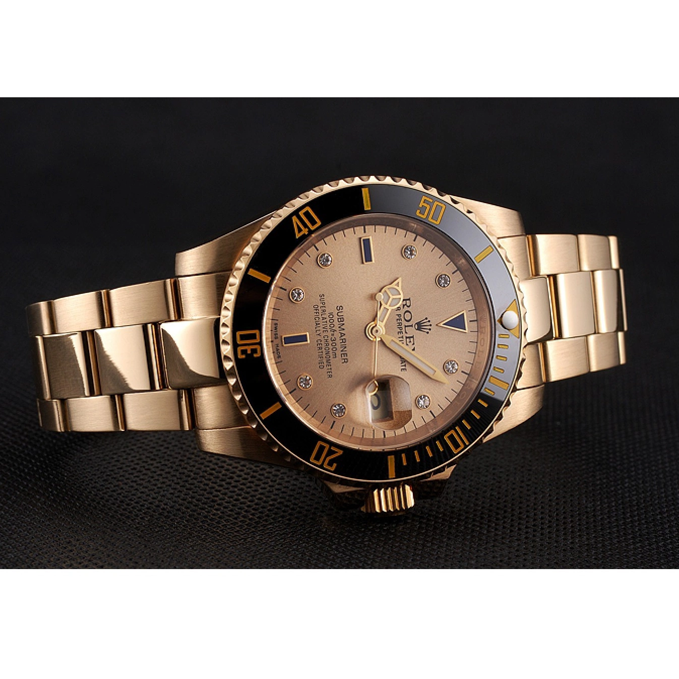 Best AAA Replica Sites Bracelet Dial Case Diamond Rolex Gold With Black Yellow Markings Gold Bezel And Submariner Swiss 0717